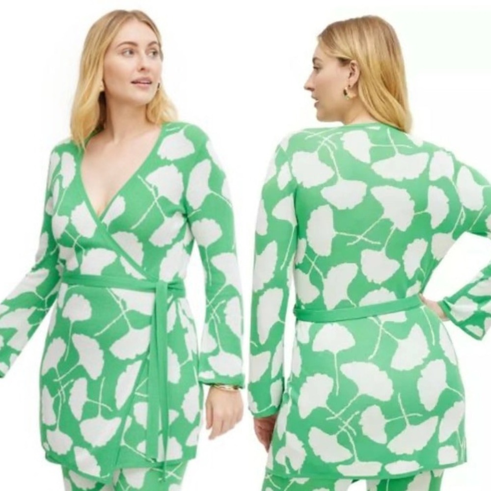 Diane von Furstenberg Target Green Ginkgo Leaf Wrap Sweater Tunic Sz Medium DVF
